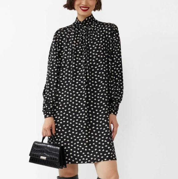 NWT & Other Stories Black Heart Print Long Sleeve Mock Neck Jersey Shift Dress - Picture 1 of 4
